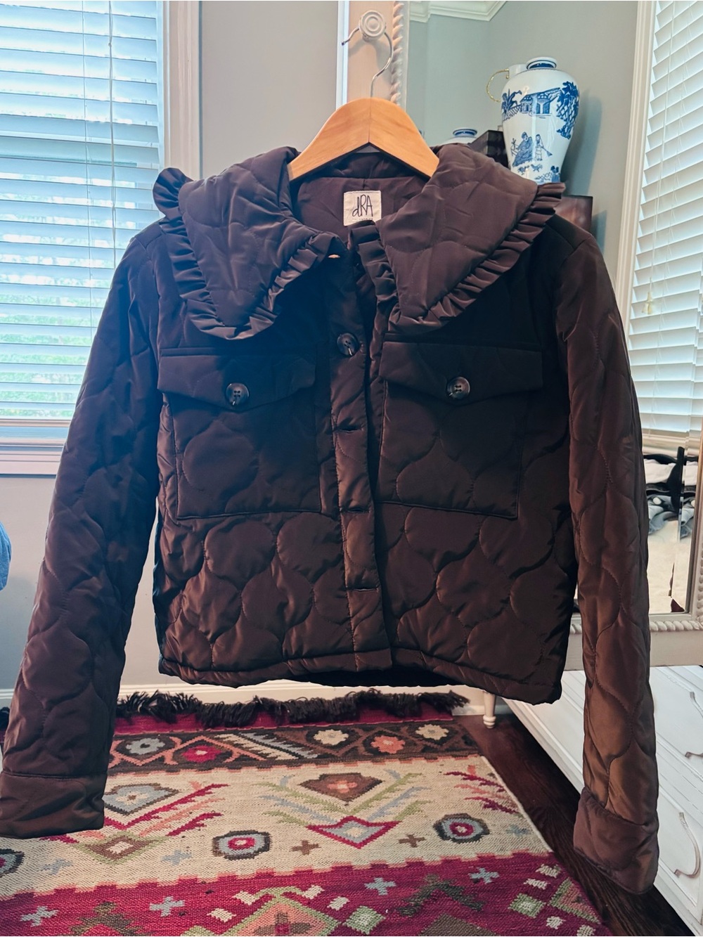 dRA Quilted Puff Jacket with Ruffled Collar, Dark Brown, XS